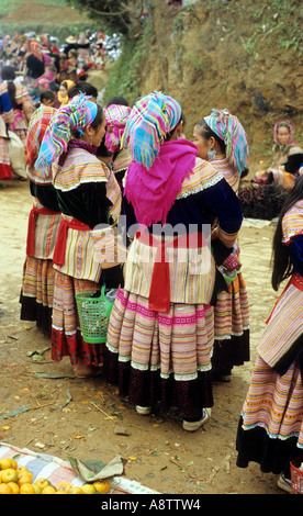 Gruppo di tradizionalmente condita fiore donne Hmong presso il mercato del sabato, può cau, NW Viet Nam Foto Stock