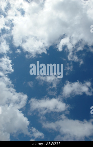 Blu cielo con puffy white cumulus nuvole su una luminosa giornata di sole Foto Stock