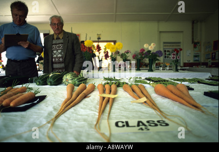 I giudici esaminano la verdura alla Aberffraw Summer Festival, Anglesey. Il Galles del Nord, Regno Unito Foto Stock