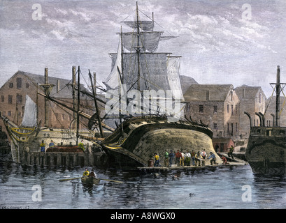 Nave baleniera hove giù per le riparazioni dello scafo a New Bedford, nel Massachusetts 1800s. Colorate a mano la xilografia Foto Stock