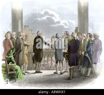 Inaugurazione di George Washington come primo Presidente degli Stati Uniti a livello federale Hall di New York City 1789. Colorate a mano incisione in acciaio Foto Stock