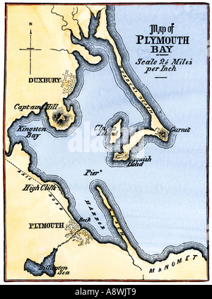 Mappa di Plymouth Bay Massachusetts. Colorate a mano la xilografia Foto Stock