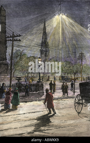 Madison Square illuminato dalla luce elettrica per la prima volta la città di New York 1880. Colorate a mano la xilografia Foto Stock