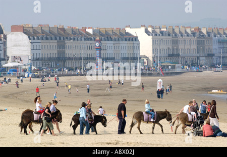 Asino passeggiate sulla spiaggia, guardando verso il lungomare alberghi e pensioni, a Weymouth Dorset Southern England Regno Unito Foto Stock