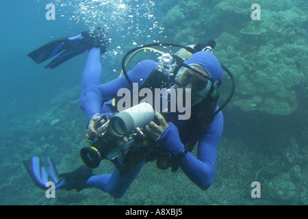 Fotografo subacqueo all'Agincourt reef al largo della costa del Queensland Cairns Australia Foto Stock