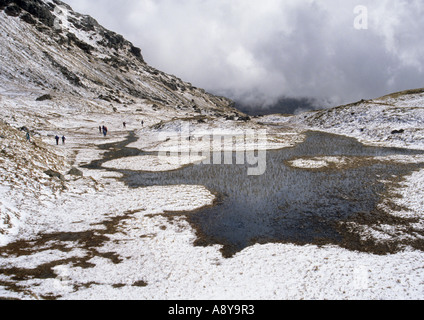 Un rampicate club passa un lochan in Arrochar Alpi tra Beinn Narnain e il ciabattino Foto Stock