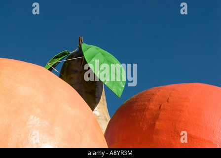 Fibra di vetro di grandi dimensioni icone di frutta a Cromwell vicino al lago Dunstan in Central Otago Nuova Zelanda Foto Stock