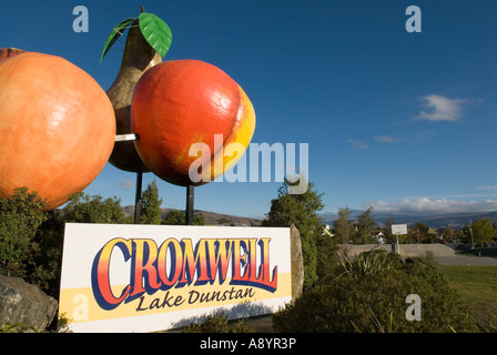 Fibra di vetro di grandi dimensioni icone di frutta a Cromwell vicino al lago Dunstan in Central Otago Nuova Zelanda Foto Stock