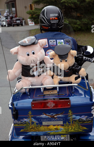 Lake George, New York. Americade Bike rally qui un motociclista immettendo il peluche contest sulla sua Harley Davidson touring bike Foto Stock