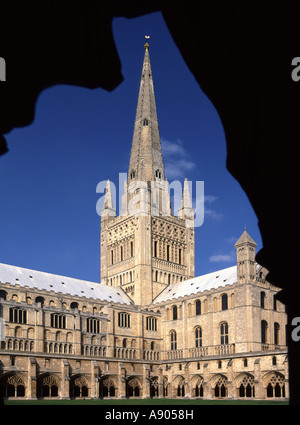 Storica cattedrale di Norwich chiesa dell architettura guglia tower & chiostri in cielo blu sunshine incorniciato da arch Norfolk East Anglia England Regno Unito Foto Stock