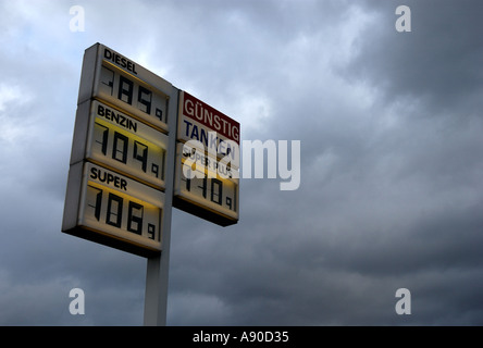 Segno che mostra i prezzi della benzina a un tedesco di gas station Foto Stock