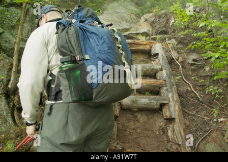 Appalachian Trail- Trail utilizzatori di lavoro sul Wildcat Ridge Trail nel piovoso e condizioni di nebbia. White Mountains, New Hampshire Foto Stock