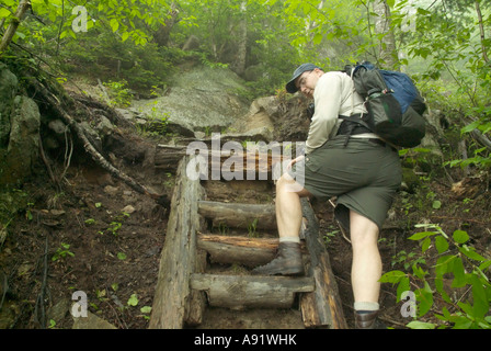 Appalachian Trail- Trail utilizzatori di lavoro sul Wildcat Ridge Trail nel piovoso e condizioni di nebbia. White Mountains, New Hampshire Foto Stock