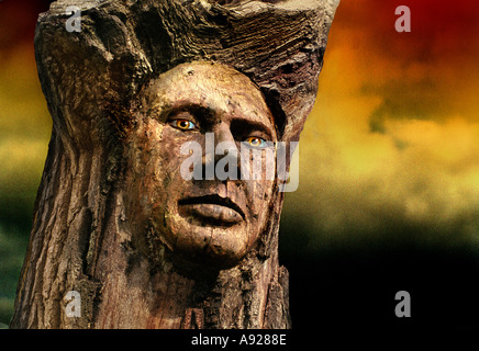 Scolpiti volto umano sul ceppo di albero Foto Stock