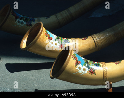 Alphorn alpenhorn tradizionale strumento musicale della Svizzera Austria Baviera in legno Foto Stock