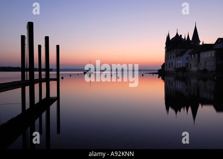 Barca porto di Steckborn all'alba - Lago di Costanza, Svizzera, Europa. Foto Stock