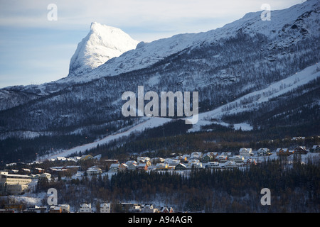 Case, inverno, Narvik, Lapponia, Norvegia Foto Stock