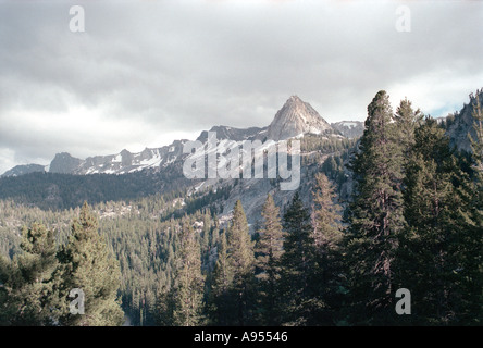 Sierra rocciosi picchi di montagna contro il cielo grigio con alberi di pino e macchie di neve Foto Stock