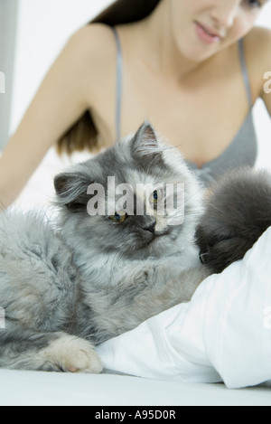 Donna seduta sul letto con cat, focus su cat in primo piano Foto Stock