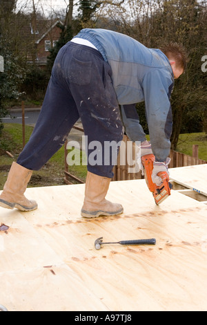 Un falegname utilizzando una pistola sparachiodi per tenere giù i fogli di legno per formare un tetto piatto Foto Stock