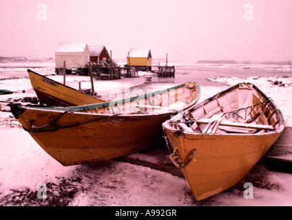 Villaggio di Blue Rocks Nuova Scozia in inverno 1976 con neve e dory barche Foto Stock