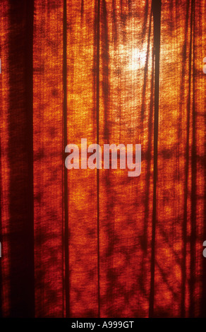 Dettaglio dalla camera interna del profondo tenda arancione disegnata con diamante vetro piombato dietro e abbastanza alta sole che splende attraverso Foto Stock