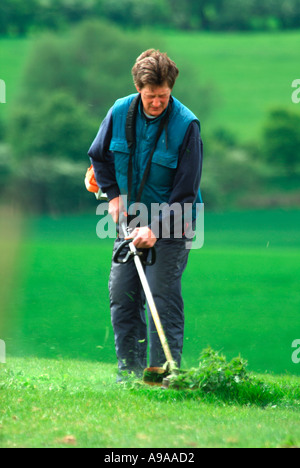 Un uomo strimming erbacce in un paddock utilizzando un azionamento a benzina decespugliatore Foto Stock