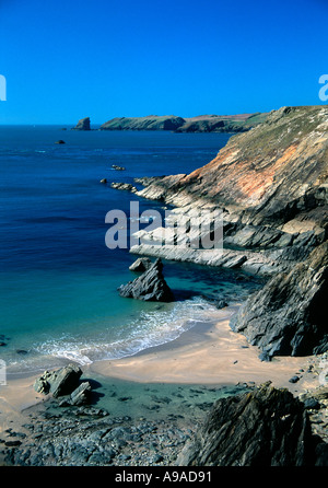 Una vista lungo il Pembrokeshire Coast Path attraverso Albion Sands verso Skomer Island, Galles del Sud Foto Stock