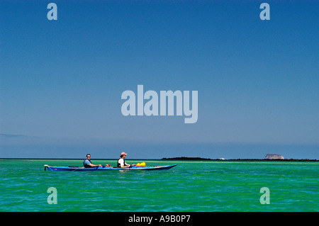 America del Sud America Latina Ecuador Isole Galapagos Itabaca Canal che corre tra Santa Cruz e Baltra Island Sea kayakers Foto Stock