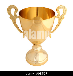 Grande golden trophy isolato su bianco con percorso di clipping oggetto reale non un 3D render Foto Stock