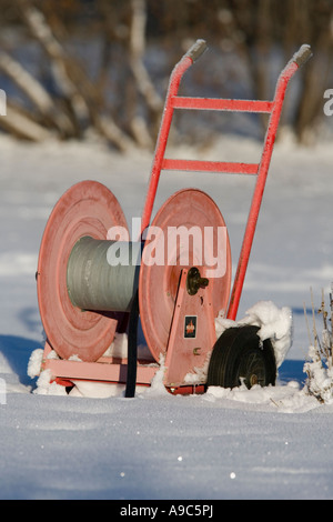 Avvolgitubo rosso vuoto su neve , Finlandia Foto Stock