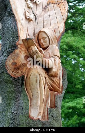 Tree carving da Tom Harvey vicino a Pershore Abbey, Worcestershire, England, Regno Unito Foto Stock