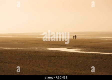 Paio di camminare su una spiaggia al tramonto silhouette Foto Stock