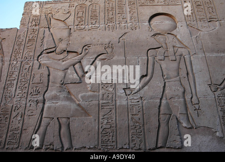 Incisioni sulle pareti al di fuori del tempio di Denderah Qena Egitto Foto Stock