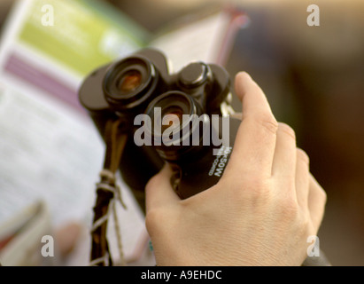 Azienda racegoer racecard sfocata e binocolo Foto Stock