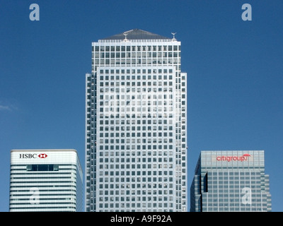 Docklands livello del tetto opinioni Canary Wharf Tower affiancato da HSBC Bank HQ edificio e l'edificio Citigroup Foto Stock