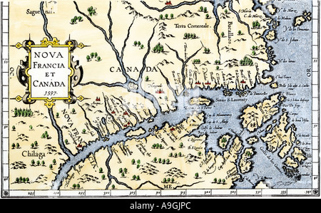 Mappa di nuovo in Francia e in Canada nel 1597. Colorate a mano la xilografia Foto Stock