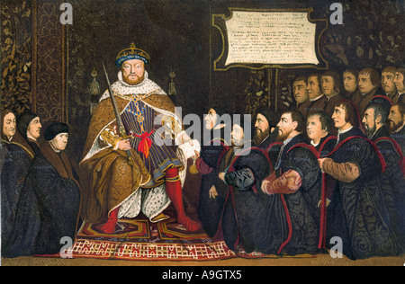Il re Enrico VIII presentando una carta per la società del barbiere chirurghi. Litografia a colori Foto Stock