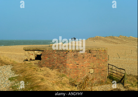 II Guerra Mondiale porta pillole sulla spiaggia vicino a Cley, Norfolk, Inghilterra Foto Stock