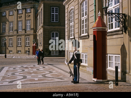 Protezione danese in piedi di fronte al Palazzo Reale di Amalienborg a Copenaghen in Danimarca Foto Stock