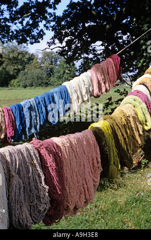 In matasse di mano lana colorati appesi ad asciugare al sole il colorante naturale Co Foto Stock