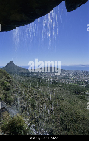 Vista dal Table Mountain a Cape Town e i Lions di picco, Sud Africa, West Cape, Città del Capo Foto Stock