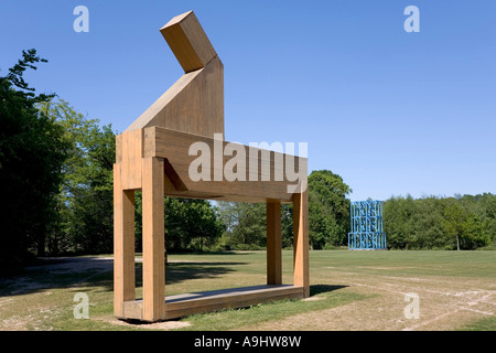 Cavallo di legno, oggetto d'arte, di scultura parco Castello Moyland, Bedburg hau, Kleve, NRW, Germania Foto Stock