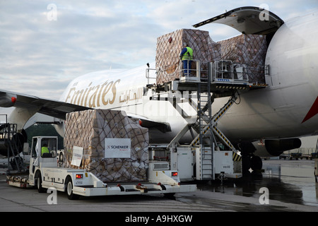 Aria-freight aeromobili Boeing 747 da Emirates all'aeroporto Frankfurt-Hahn, Renania-Palatinato, Germania Foto Stock