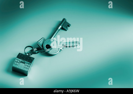 Le chiavi di casa sulla chiave portachiavi sagomato Foto Stock