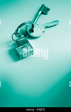 Le chiavi di casa sulla chiave portachiavi sagomato Foto Stock