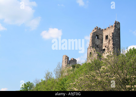 Burg Drachenfels falesia rovine e il castello in alto sopra il fiume Reno a Königswinter della Renania settentrionale-Vestfalia Germania Europa Foto Stock