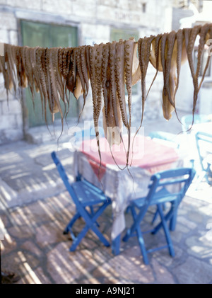 Il polpo essiccazione su una riga sopra la tavola e sedie blu in Grecia Foto Stock