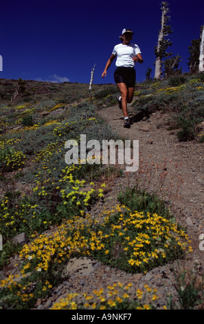 Una donna trail running sulla Pacific Crest Trail Foto Stock