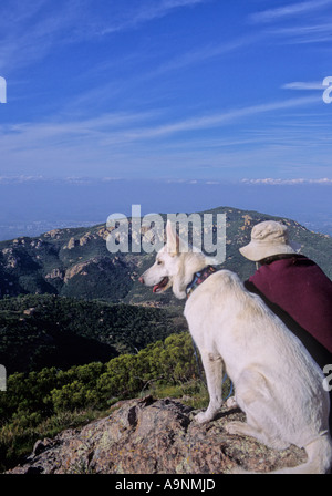 Escursionista e cane sul picco di arenaria guardare in giù al cerchio X Ranch Foto Stock